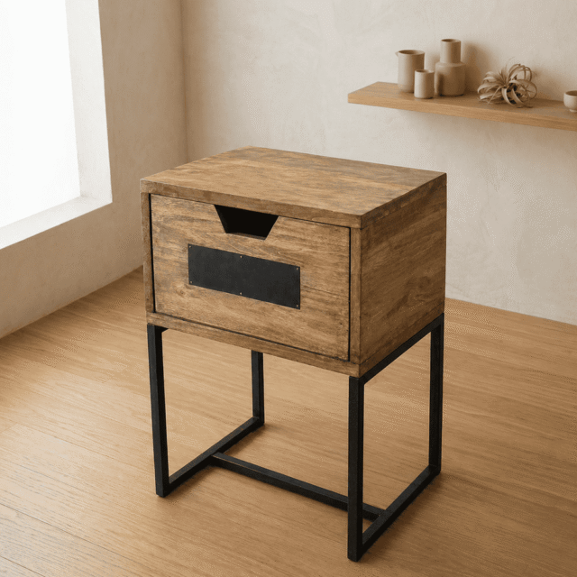 Mesa de Luz Álamo con Base de Hierro – Diseño Rústico y Funcional para tu Dormitorio