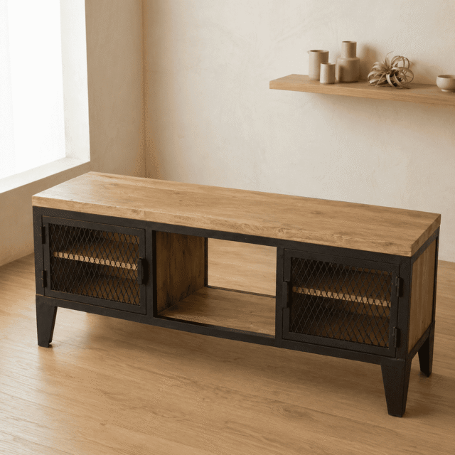 Rack Álamo de Hierro y Madera Natural, Estilo Industrial y Funcional