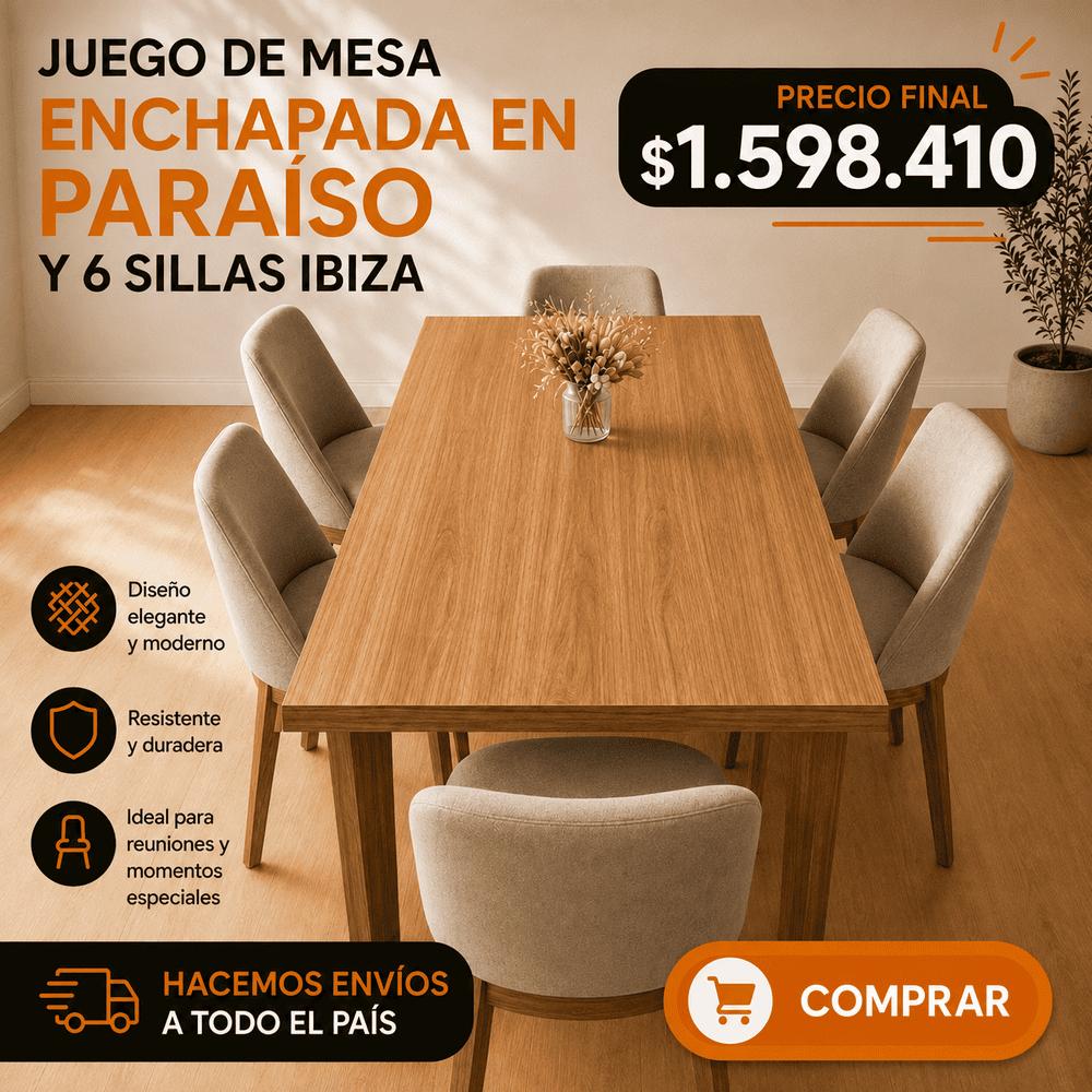 Juego de Mesa Enchapada en Paraiso 180x90 y 6 Sillas Ibiza